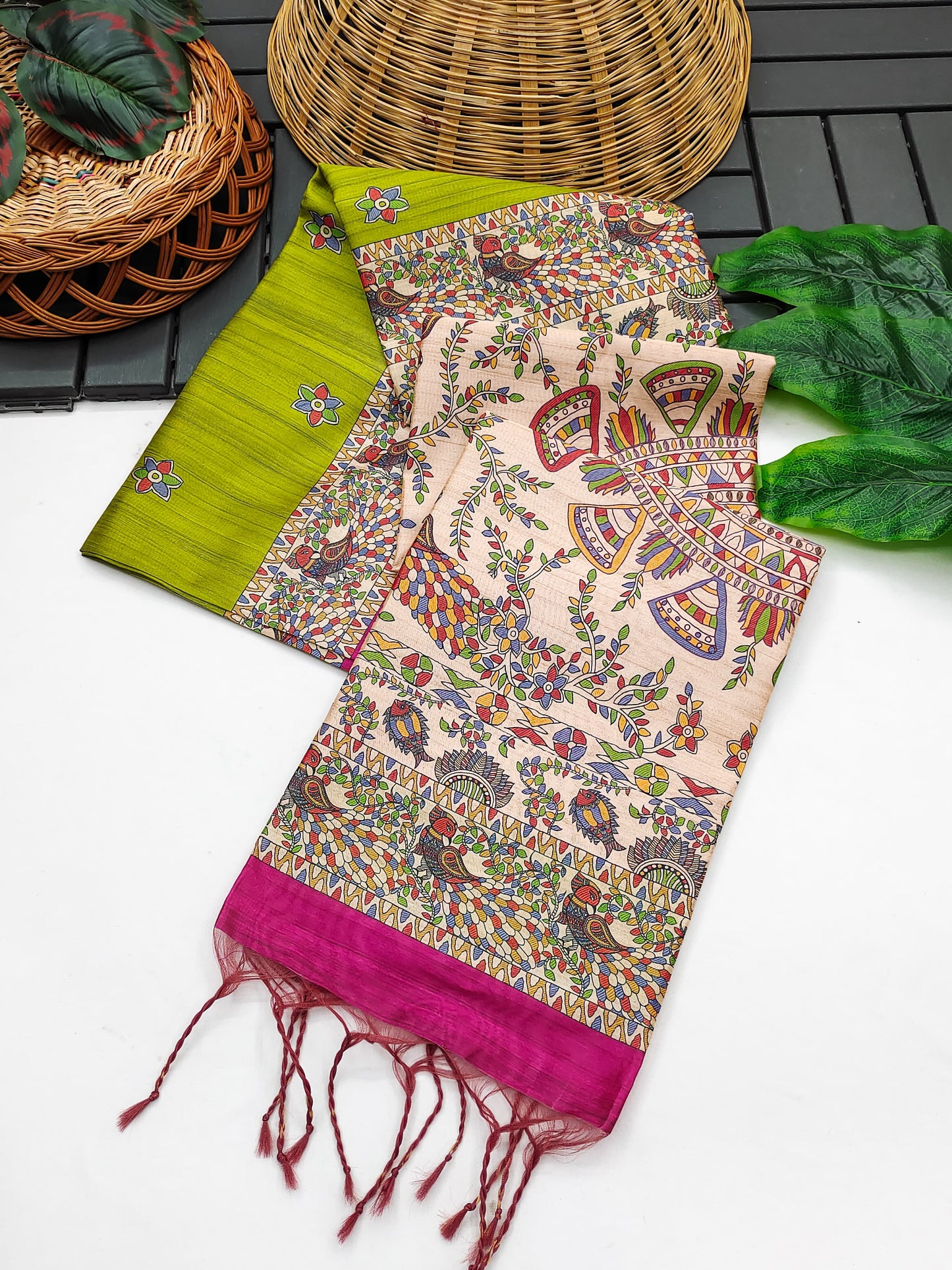 Soft Tussar Silk Saree With Madhubani Saree