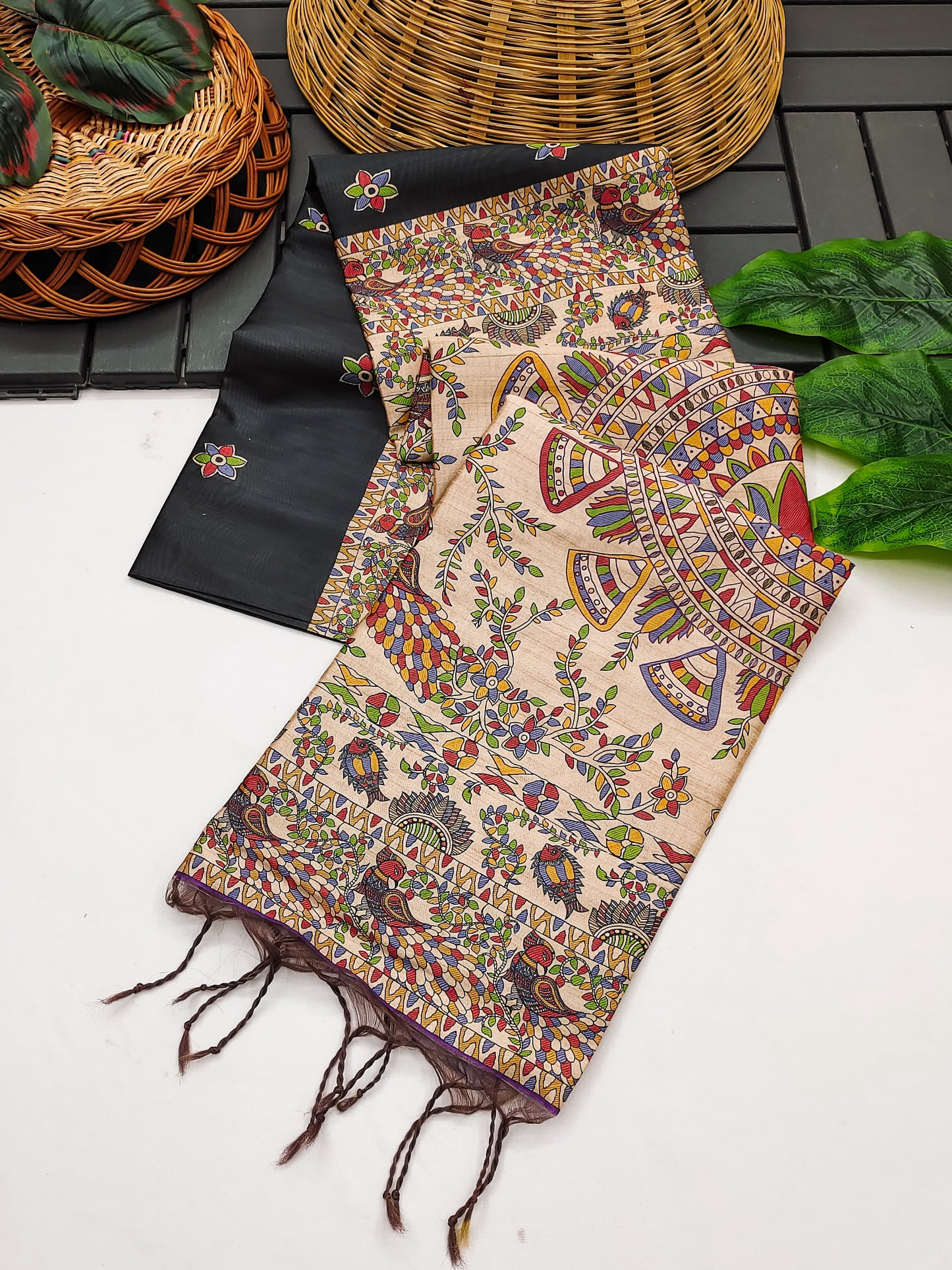 Soft Tussar Silk Saree With Madhubani Saree