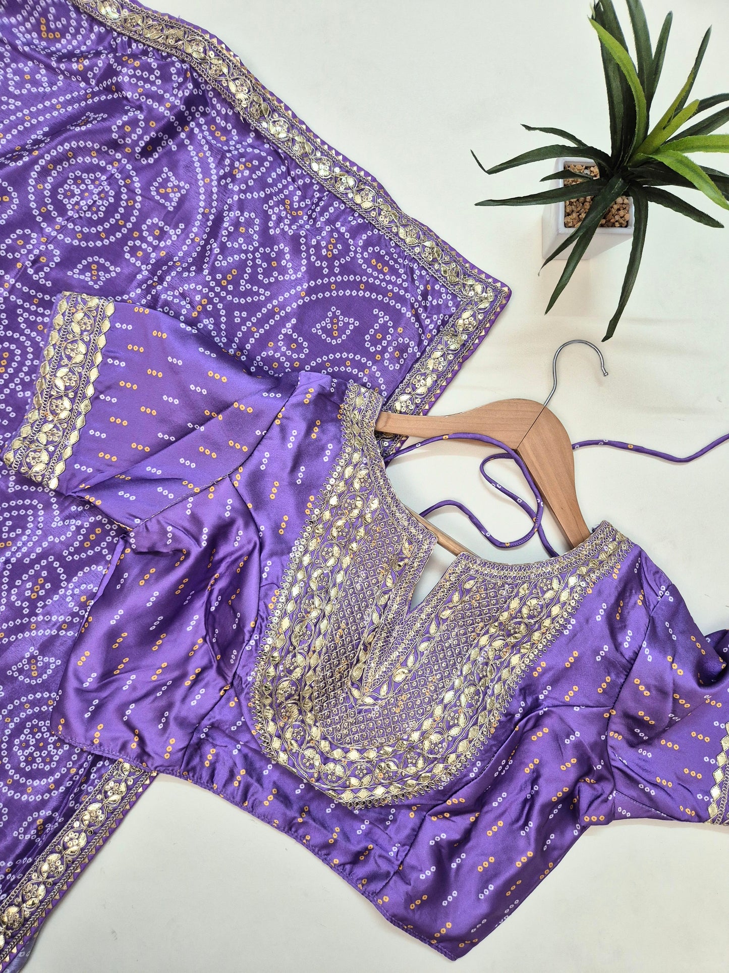 Bandhani Crepe-Satin Saree with Bandhani Stitched Blouse