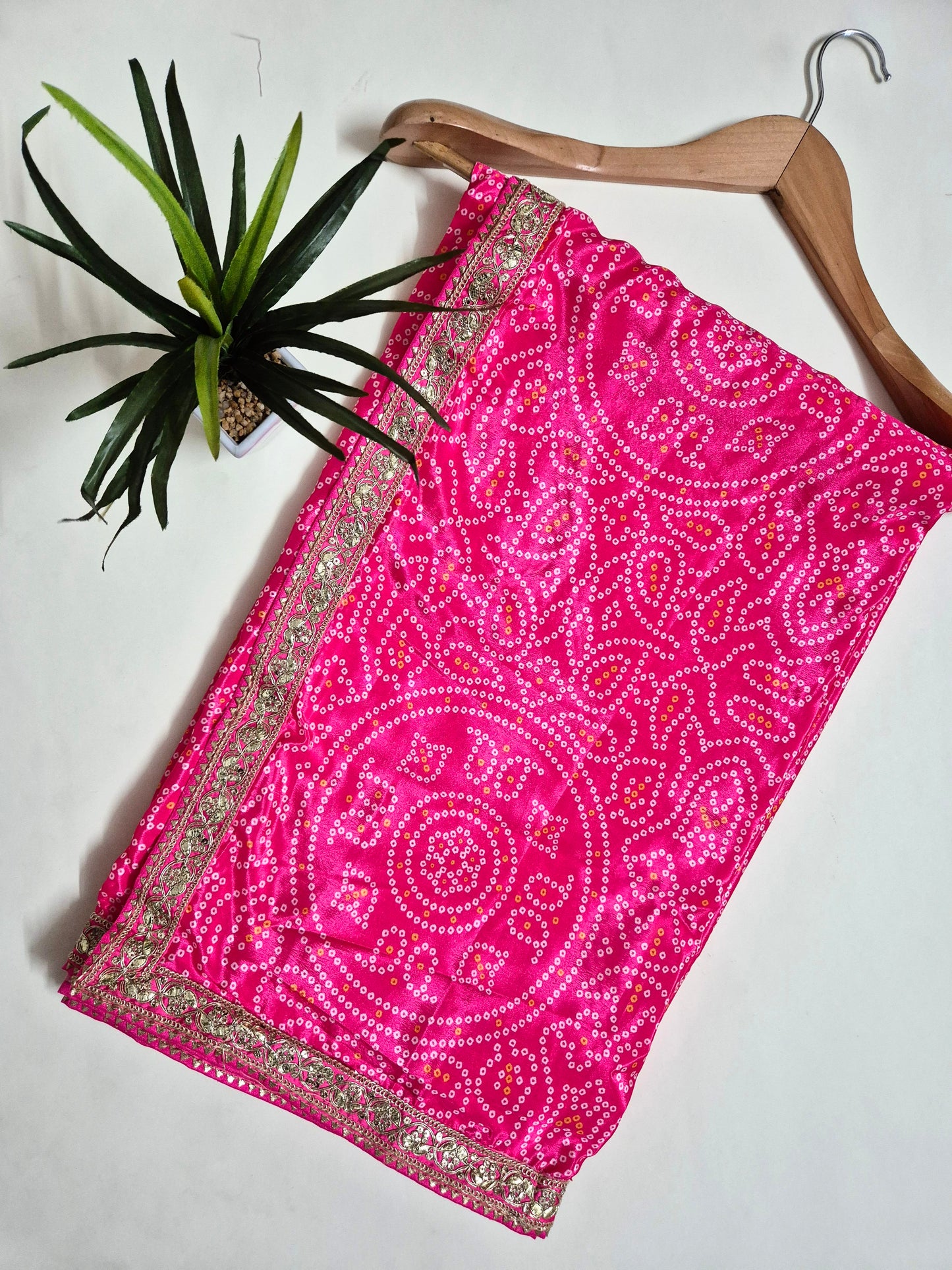 Bandhani Crepe-Satin Saree with Bandhani Stitched Blouse