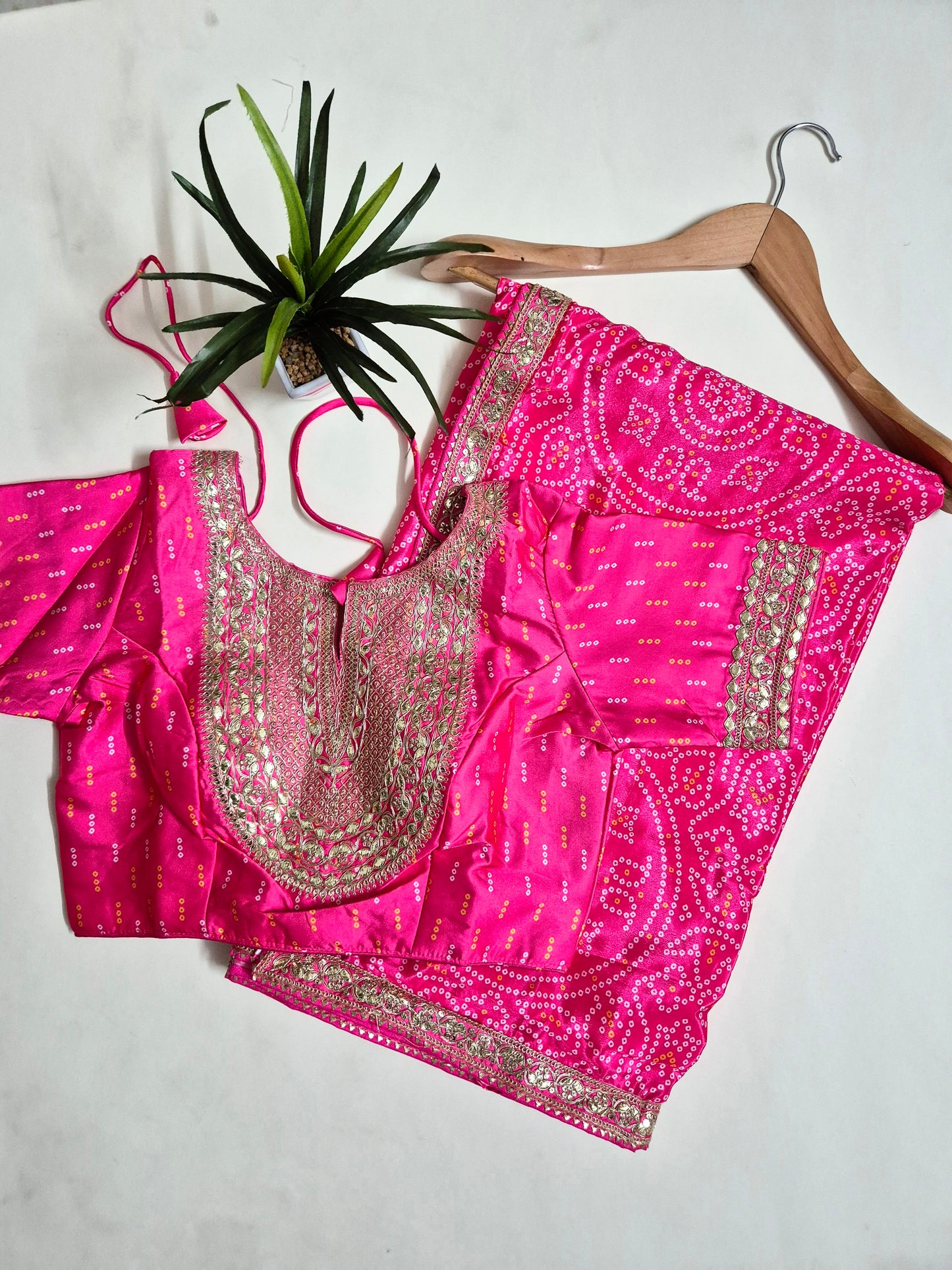Bandhani Crepe-Satin Saree with Bandhani Stitched Blouse