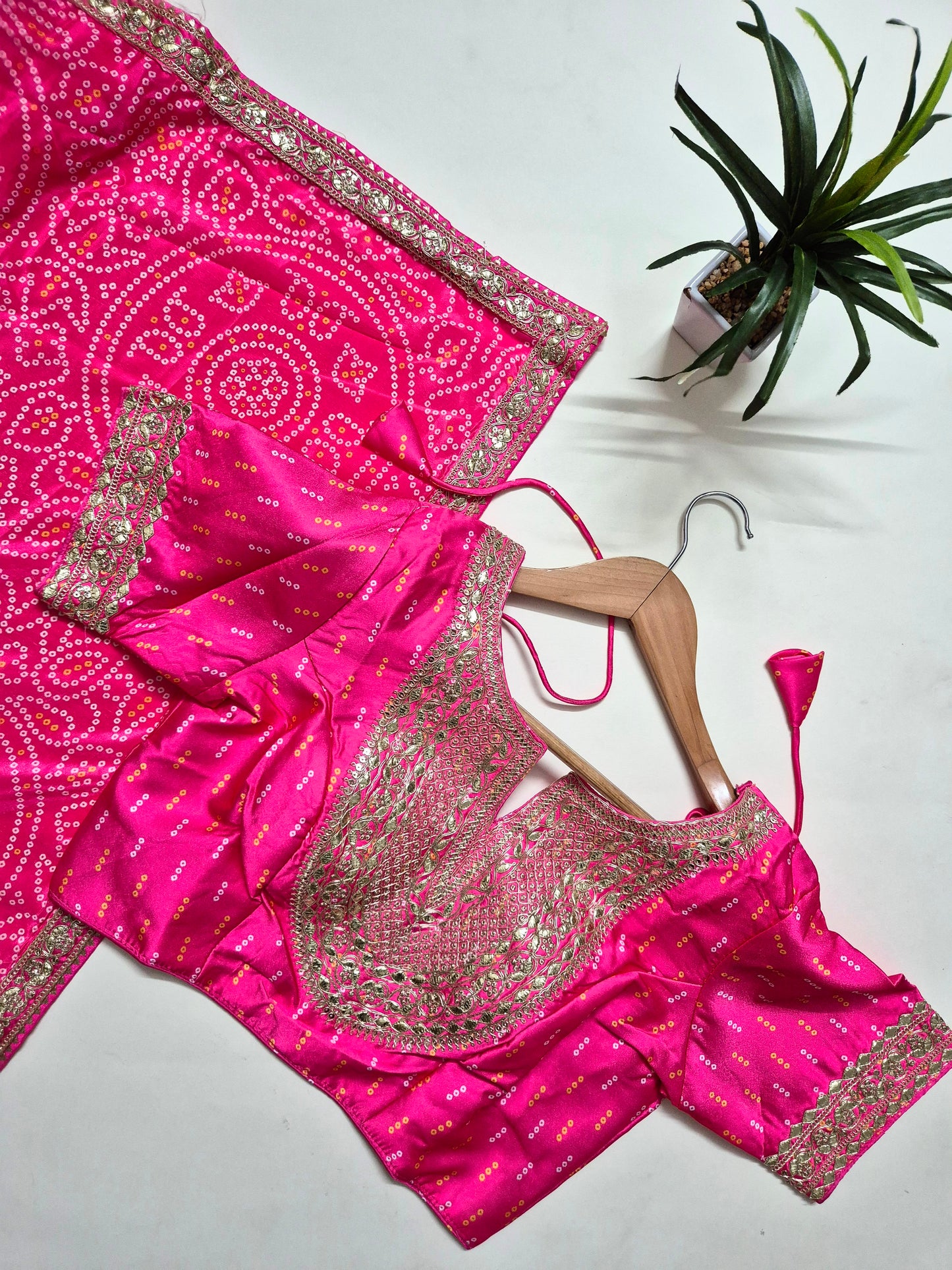 Bandhani Crepe-Satin Saree with Bandhani Stitched Blouse