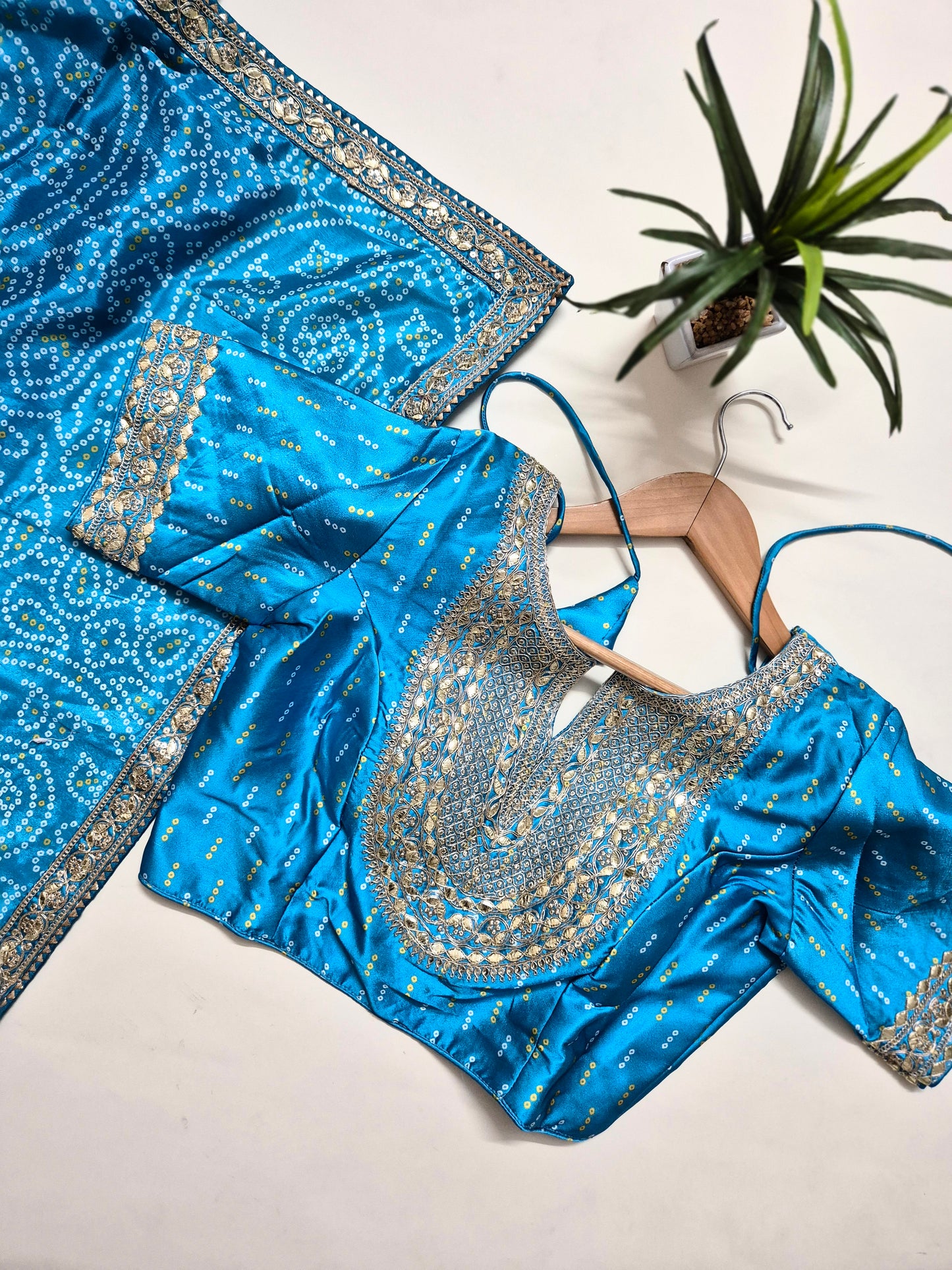 Bandhani Crepe-Satin Saree with Bandhani Stitched Blouse