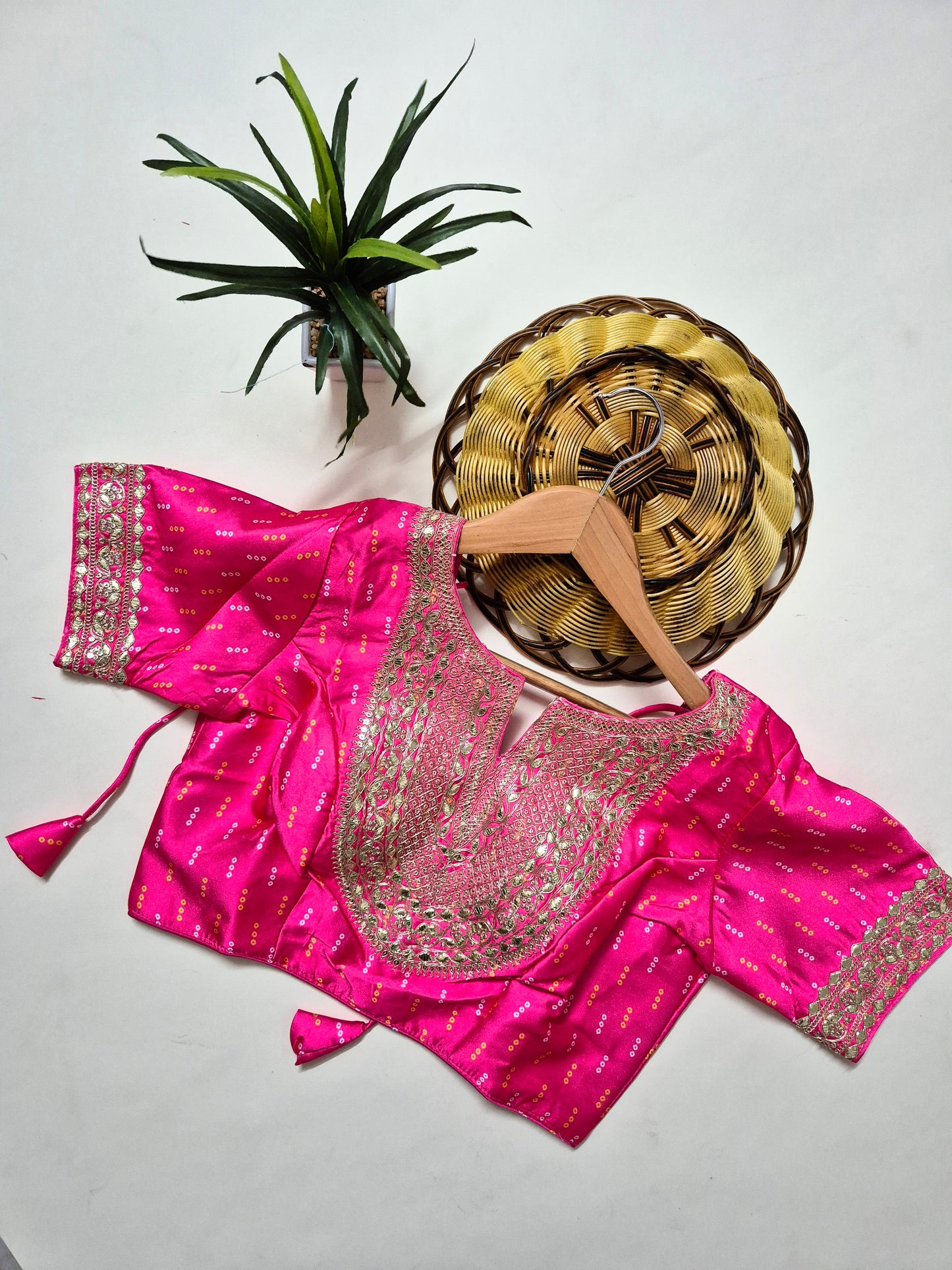 Bandhani Crepe-Satin Saree with Bandhani Stitched Blouse