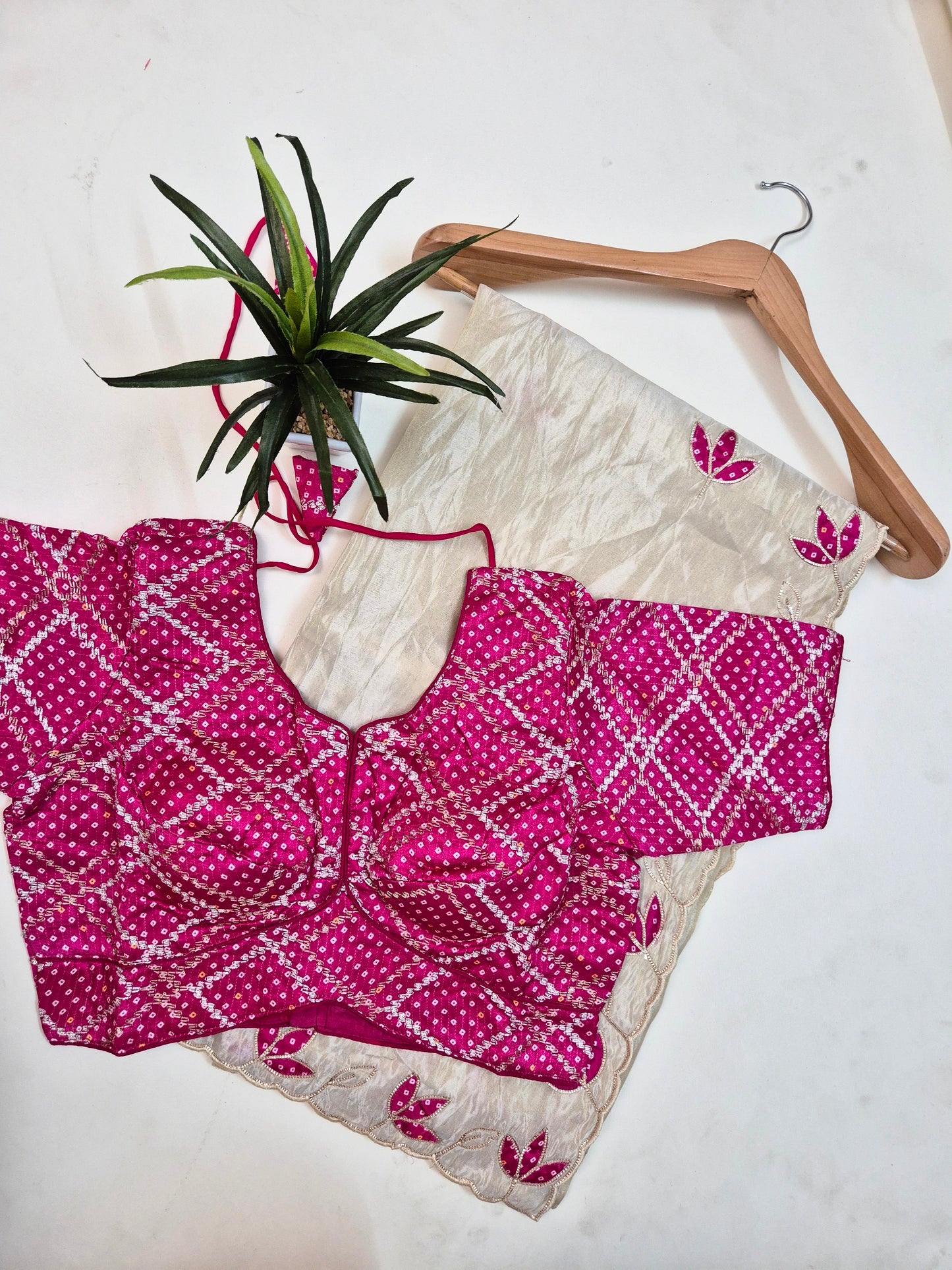 Organza-Crepe Saree with Bandhani Stitched Blouse