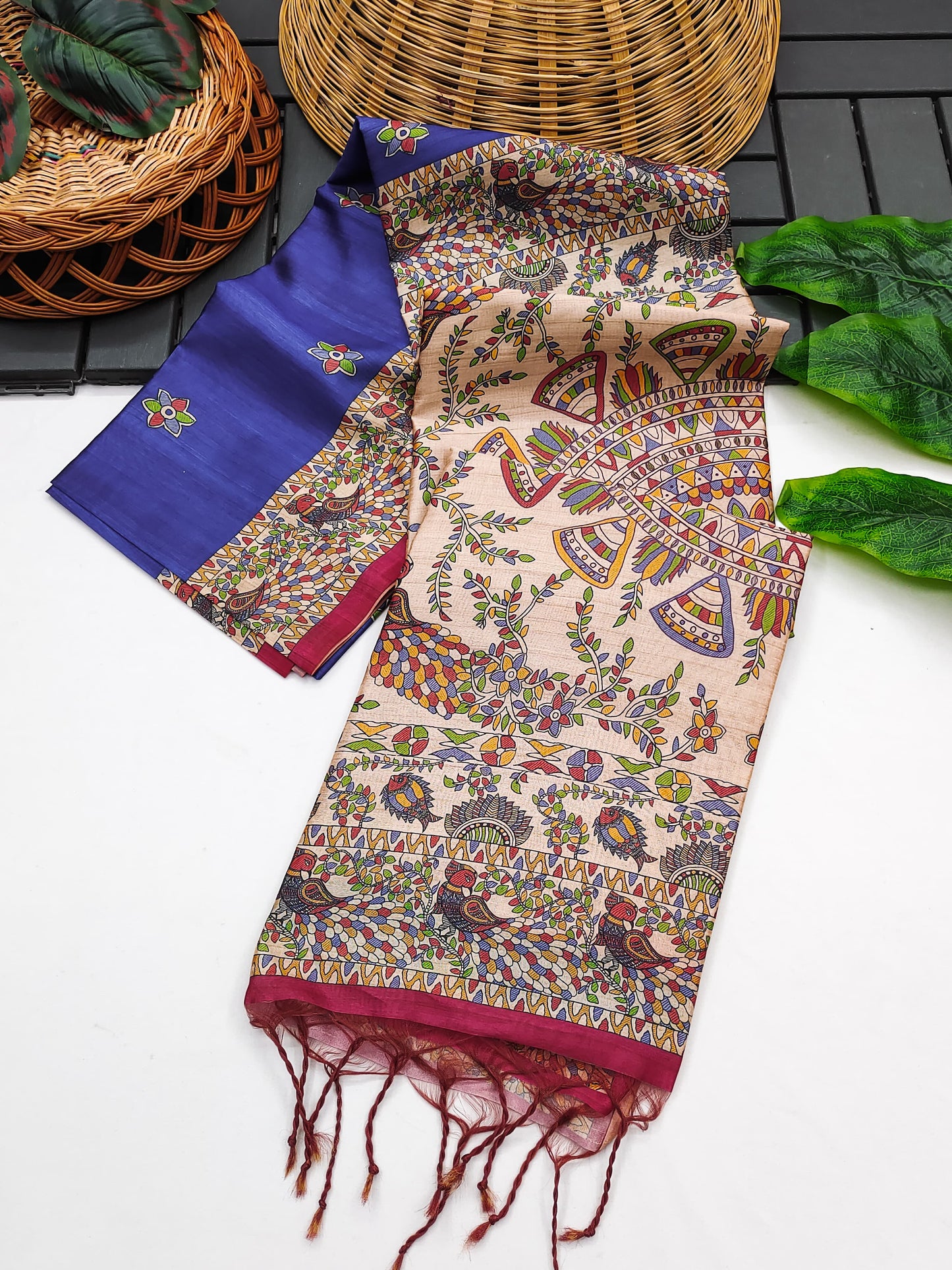 Soft Tussar Silk Saree With Madhubani Saree