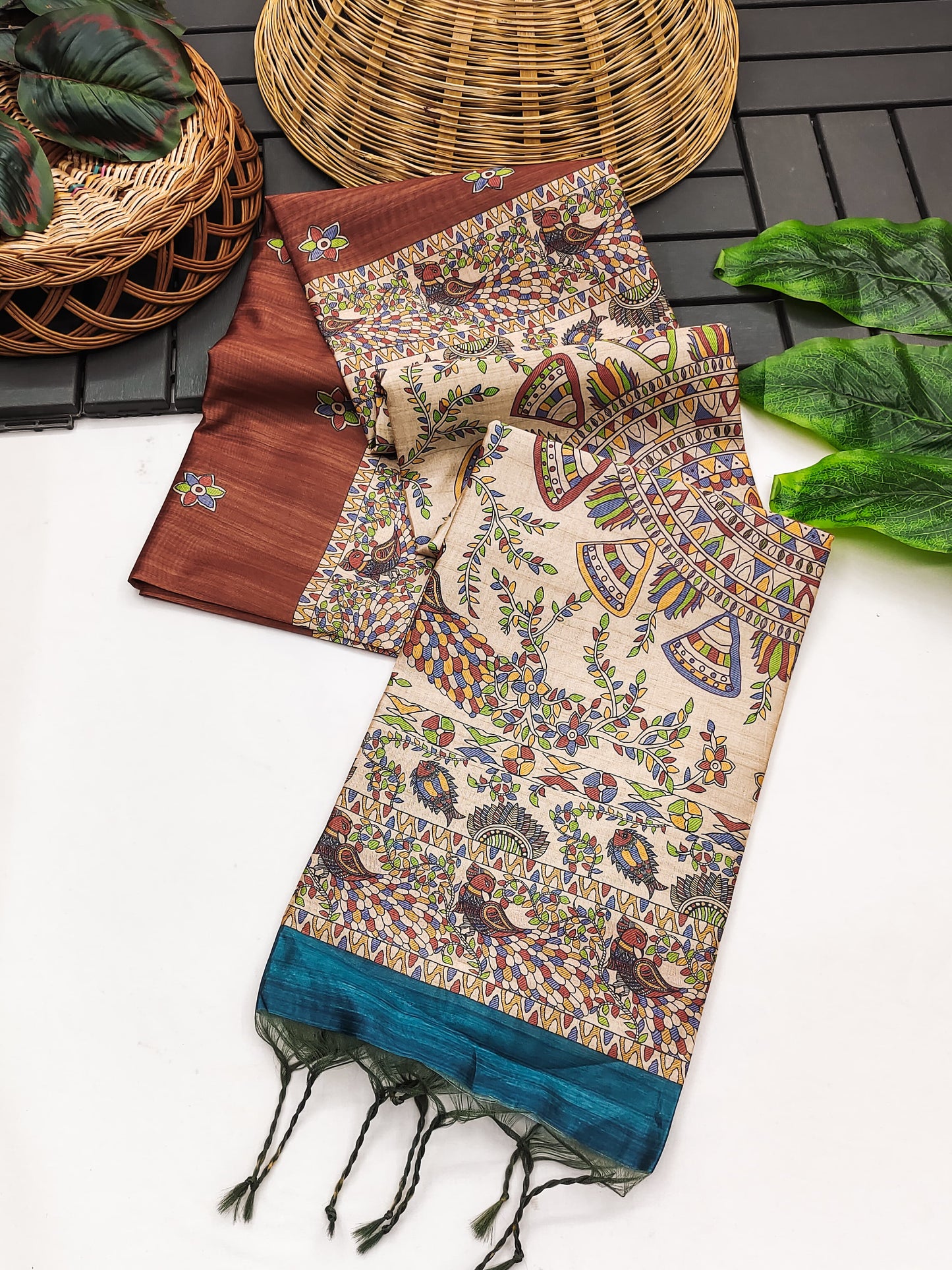 Soft Tussar Silk Saree With Madhubani Saree