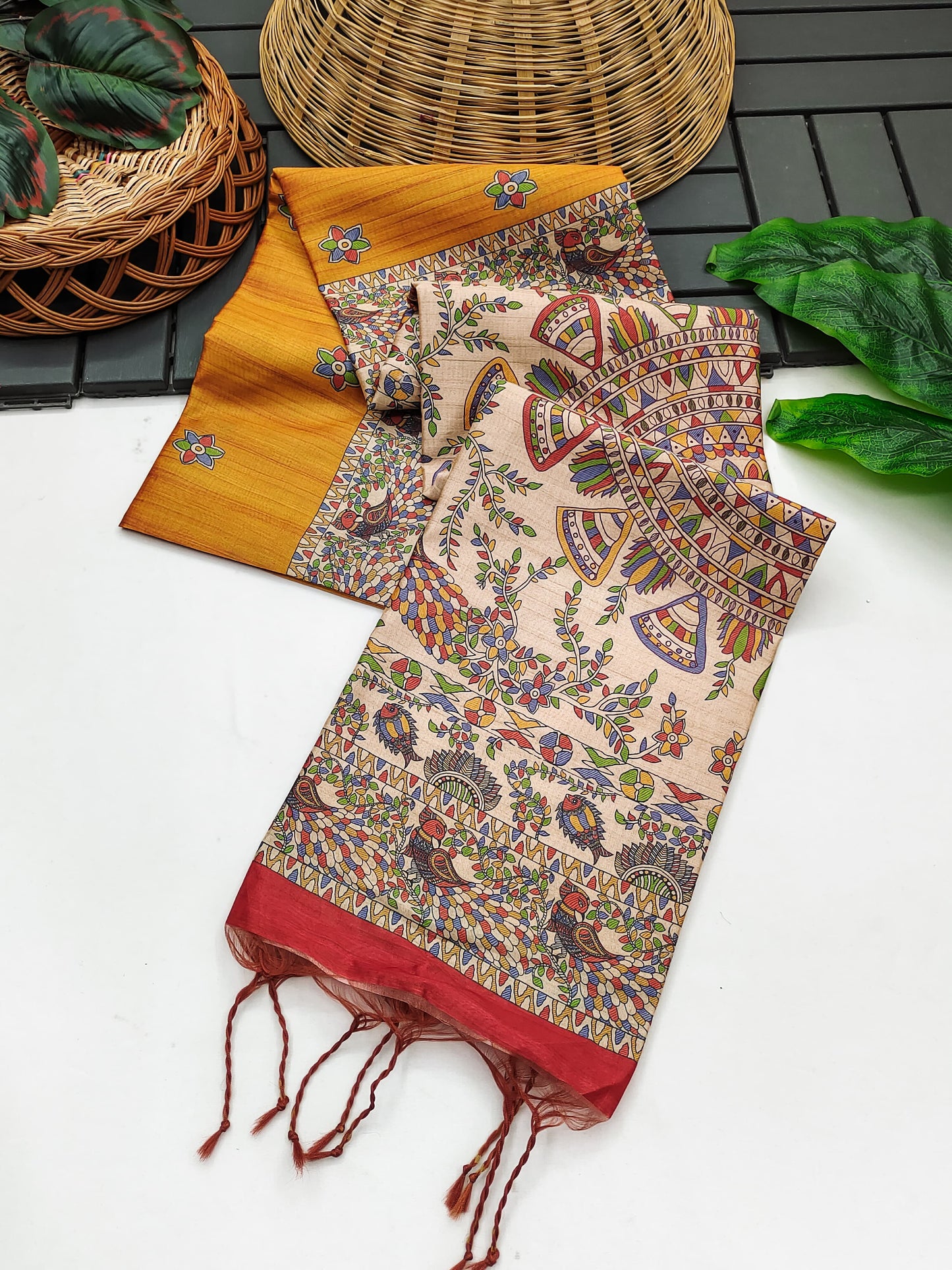 Soft Tussar Silk Saree With Madhubani Saree