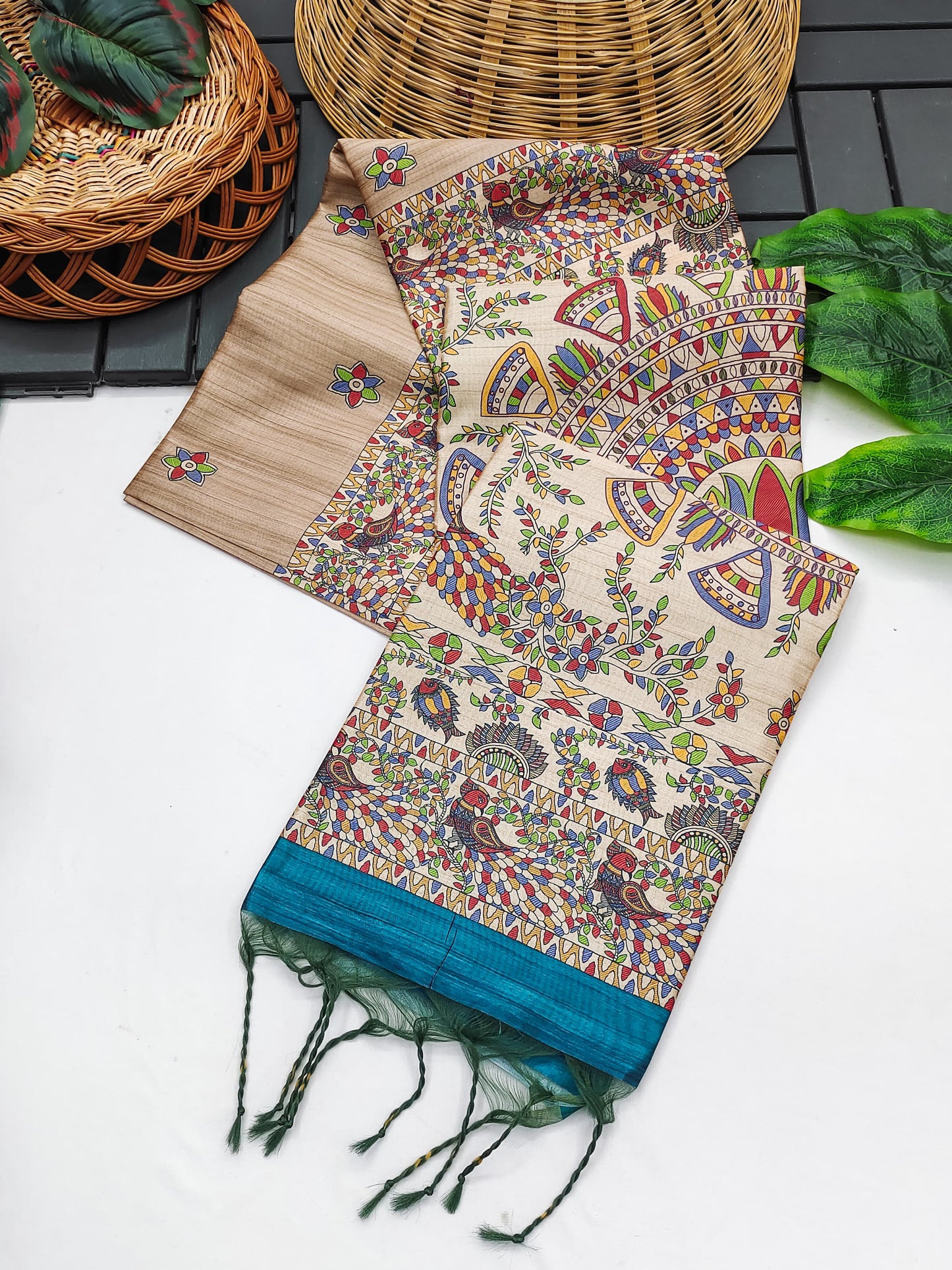 Soft Tussar Silk Saree With Madhubani Saree