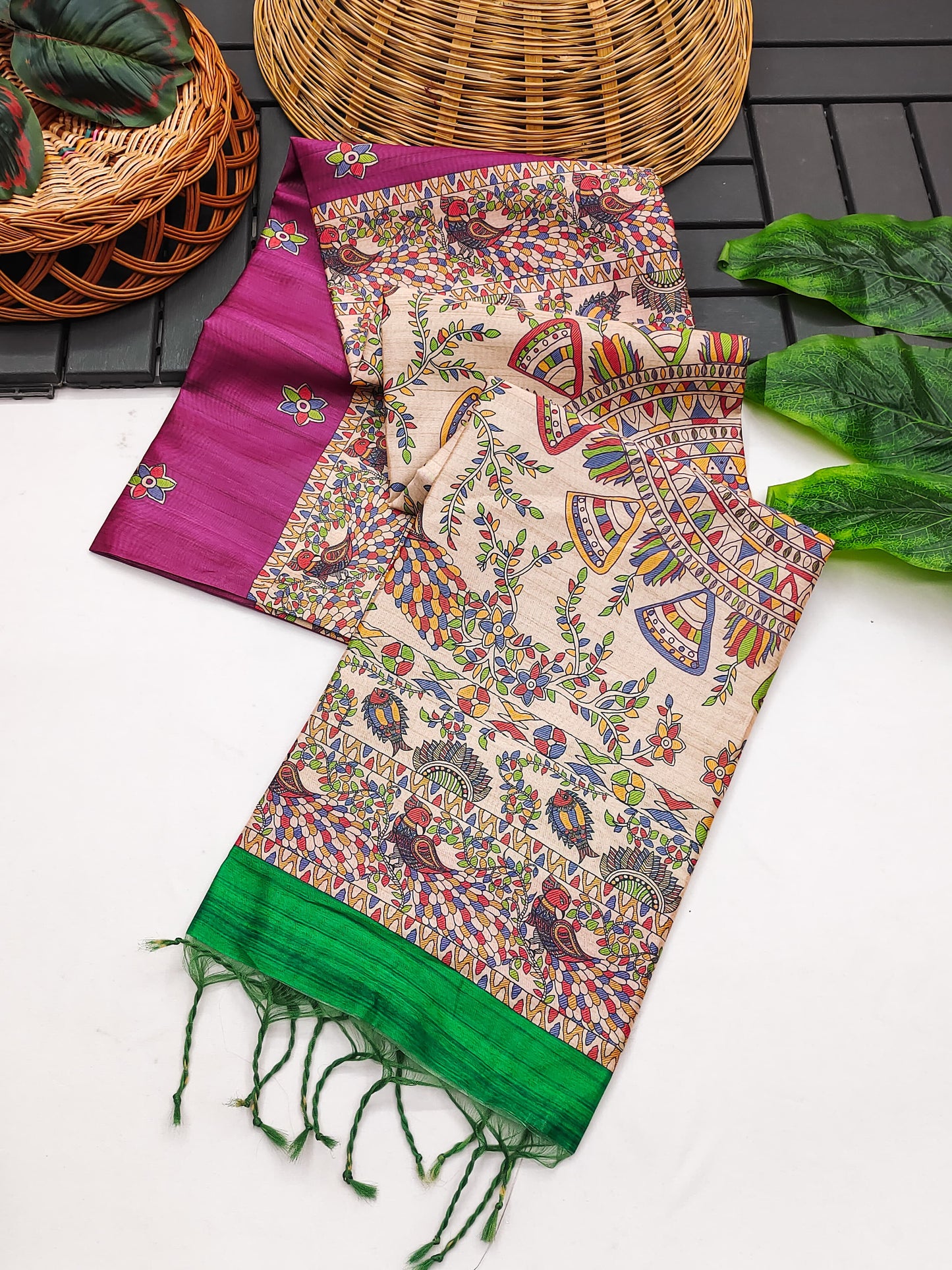 Soft Tussar Silk Saree With Madhubani Saree