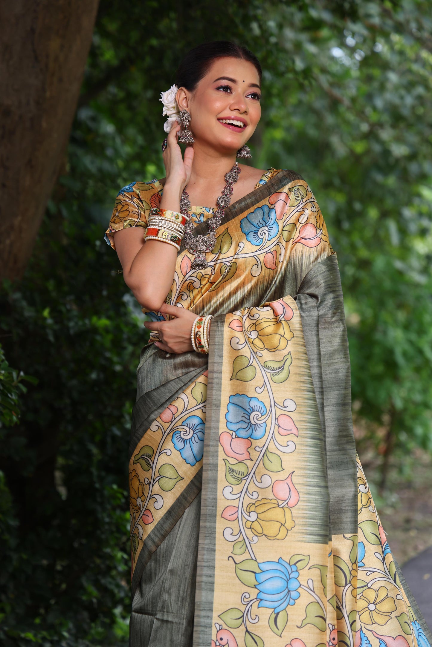 Lotus Tussar Silk Printed Saree