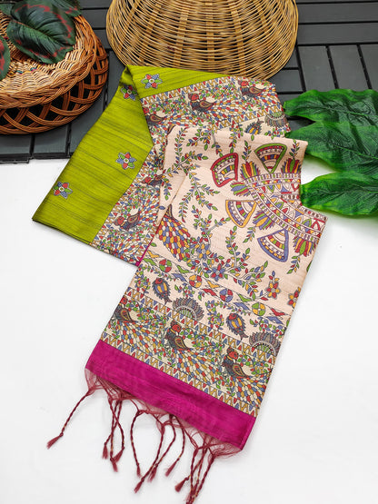 Soft Tussar Silk Saree With Madhubani Saree