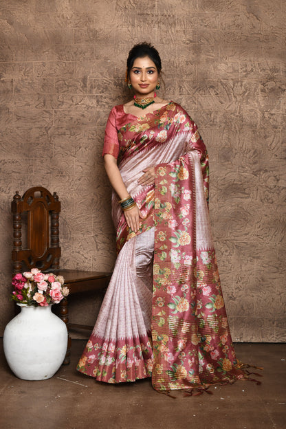 Soft Tussar Silk Saree with Print and Contrast Floral Print on Pallu and Border with Contrast Blouse Piece and Tassels at pallu