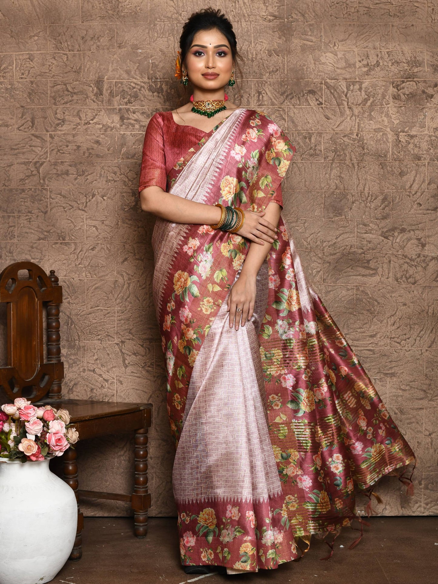 Soft Tussar Silk Saree with Print and Contrast Floral Print on Pallu and Border with Contrast Blouse Piece and Tassels at pallu