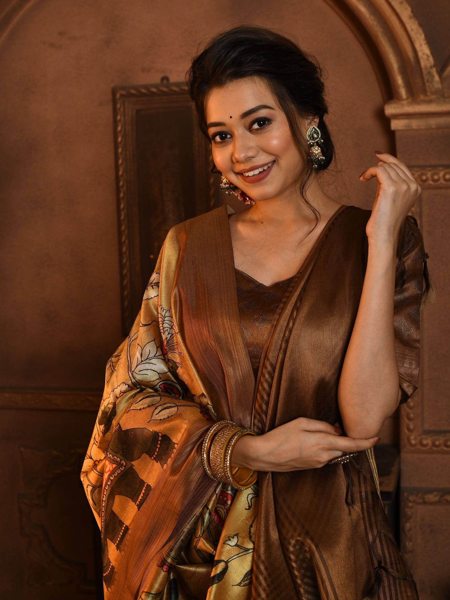 Tussar Silk Saree with all Over Kalamkari Print and soft Zari Pallu with Contrast Blouse and Tassels at Pallu