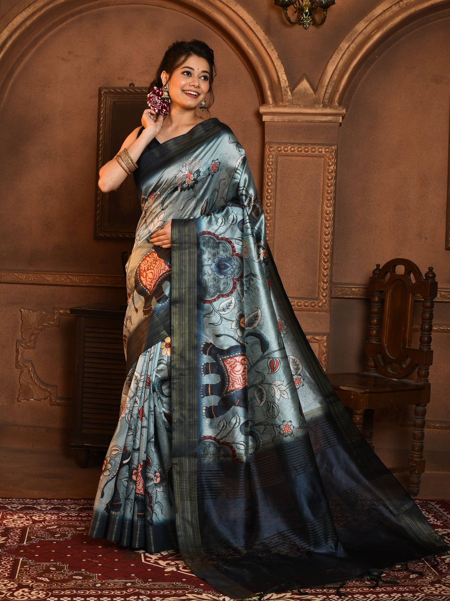 Tussar Silk Saree with all Over Kalamkari Print and soft Zari Pallu with Contrast Blouse and Tassels at Pallu