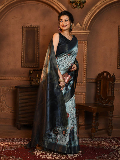 Tussar Silk Saree with all Over Kalamkari Print and soft Zari Pallu with Contrast Blouse and Tassels at Pallu