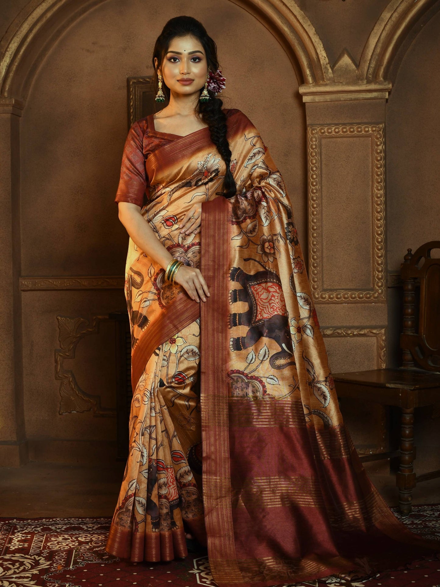 Tussar Silk Saree with all Over Kalamkari Print and soft Zari Pallu with Contrast Blouse and Tassels at Pallu