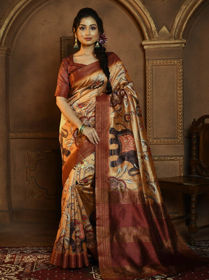 Tussar Silk Saree with all Over Kalamkari Print and soft Zari Pallu with Contrast Blouse and Tassels at Pallu