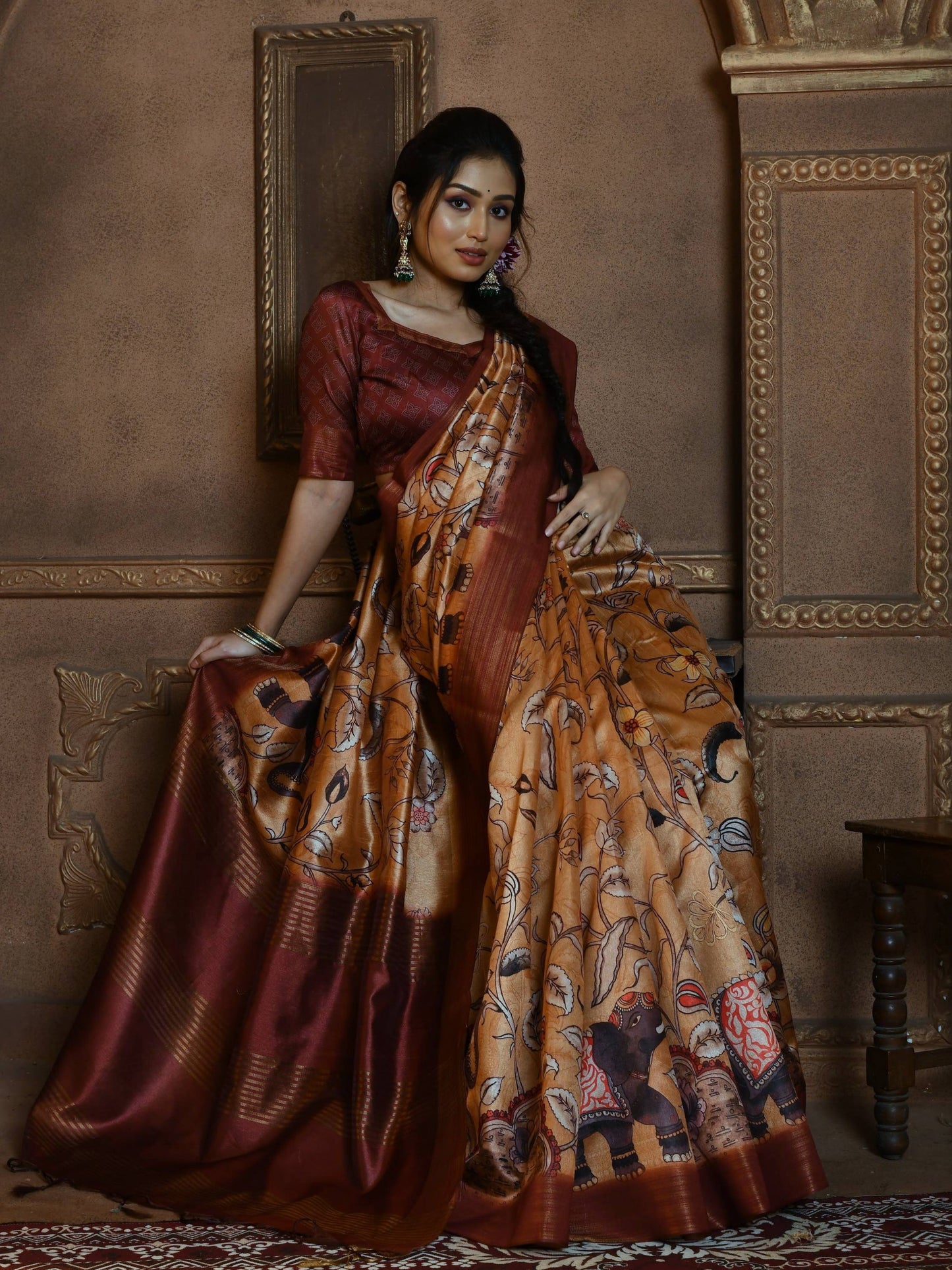 Tussar Silk Saree with all Over Kalamkari Print and soft Zari Pallu with Contrast Blouse and Tassels at Pallu