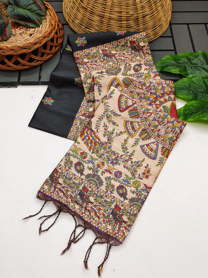 Soft Tussar Silk Saree With Madhubani Saree