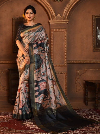 Tussar Silk Saree with all Over Kalamkari Print and soft Zari Pallu with Contrast Blouse and Tassels at Pallu