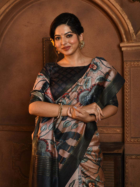 Tussar Silk Saree with all Over Kalamkari Print and soft Zari Pallu with Contrast Blouse and Tassels at Pallu