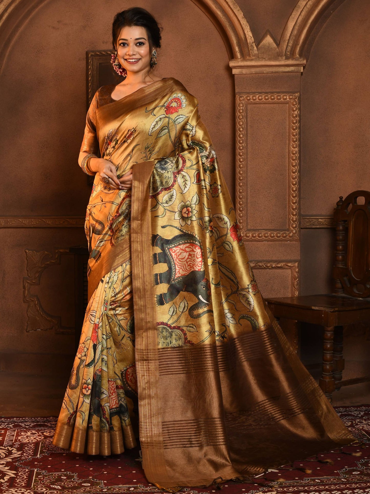 Tussar Silk Saree with all Over Kalamkari Print and soft Zari Pallu with Contrast Blouse and Tassels at Pallu