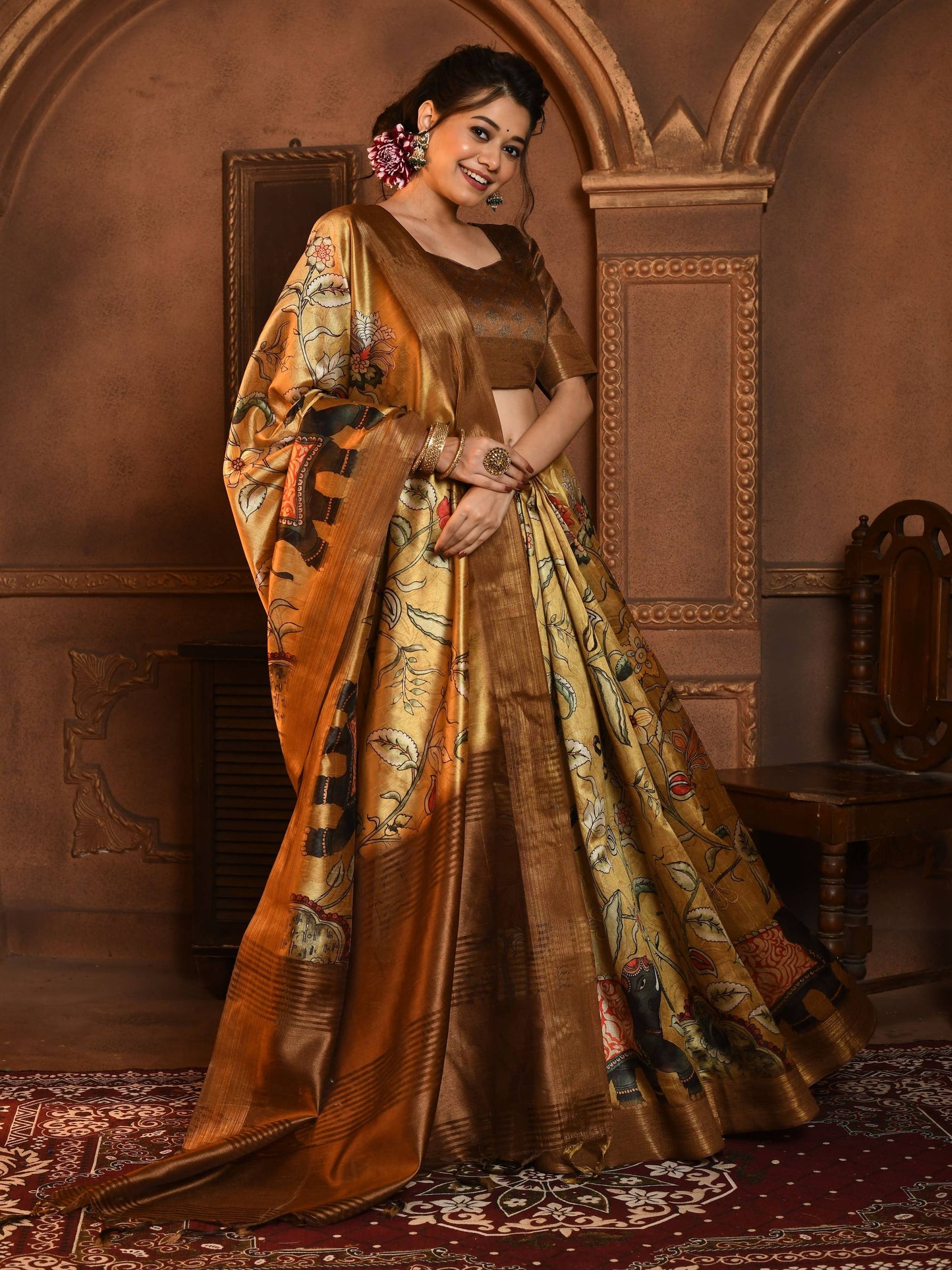 Tussar Silk Saree with all Over Kalamkari Print and soft Zari Pallu with Contrast Blouse and Tassels at Pallu