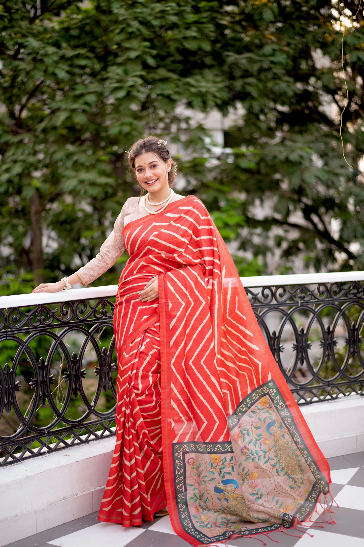 MONIKA Yadav in our Tussar silk Saree with Lehriya Print with Kalamkari pallu and Tassels