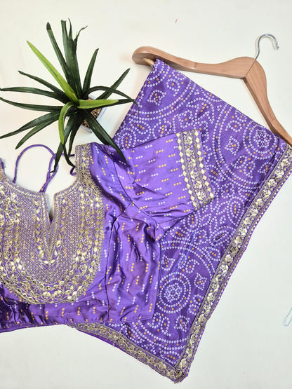 Bandhani Crepe-Satin Saree with Bandhani Stitched Blouse