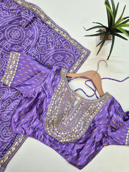 Bandhani Crepe-Satin Saree with Bandhani Stitched Blouse