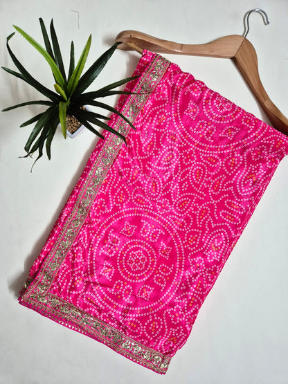Bandhani Crepe-Satin Saree with Bandhani Stitched Blouse