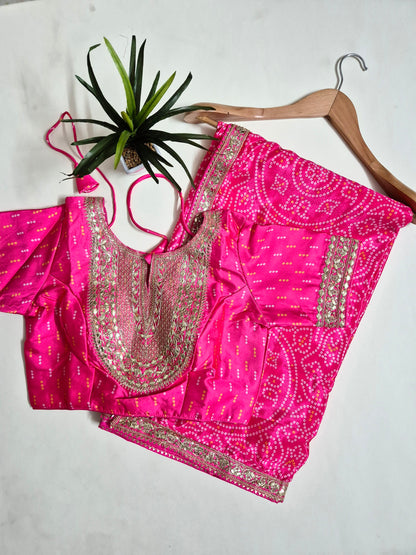 Bandhani Crepe-Satin Saree with Bandhani Stitched Blouse