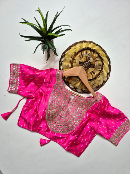 Bandhani Crepe-Satin Saree with Bandhani Stitched Blouse