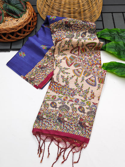 Soft Tussar Silk Saree With Madhubani Saree