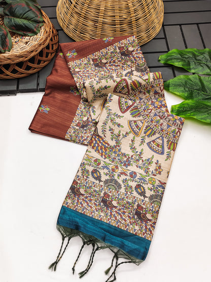 Soft Tussar Silk Saree With Madhubani Saree