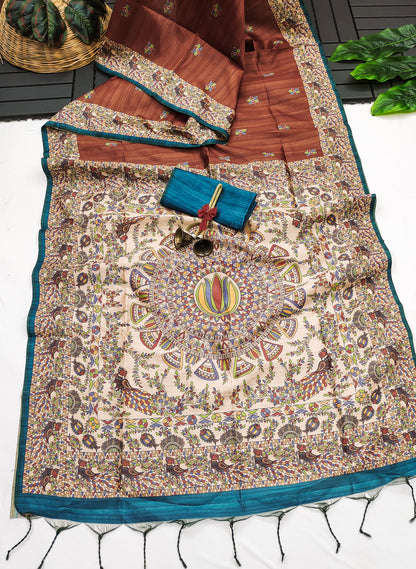 Soft Tussar Silk Saree With Madhubani Saree