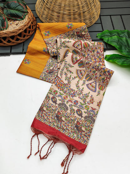 Soft Tussar Silk Saree With Madhubani Saree