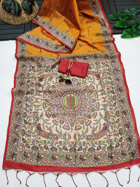 Soft Tussar Silk Saree With Madhubani Saree