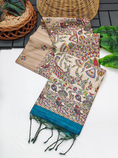 Soft Tussar Silk Saree With Madhubani Saree