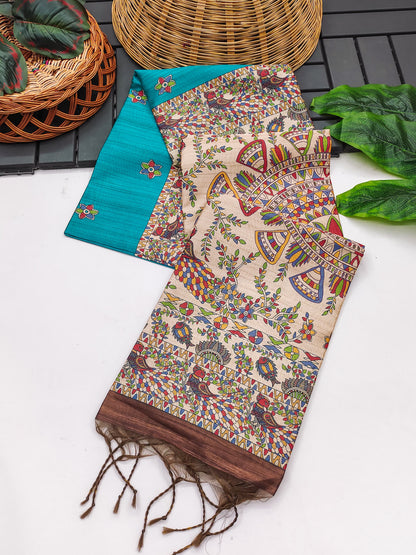 Soft Tussar Silk Saree With Madhubani Saree