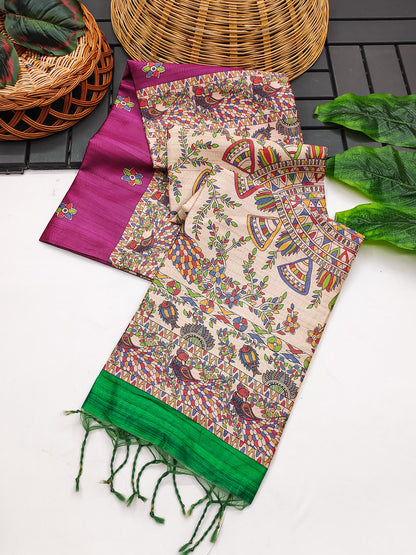 Soft Tussar Silk Saree With Madhubani Saree