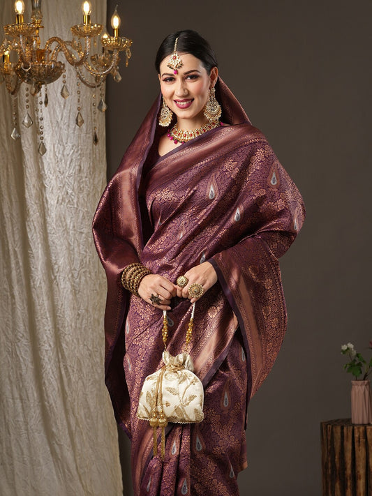 Copper Zari Kanjivaram Silk Saree with Un-Stitch Weaving Blouse