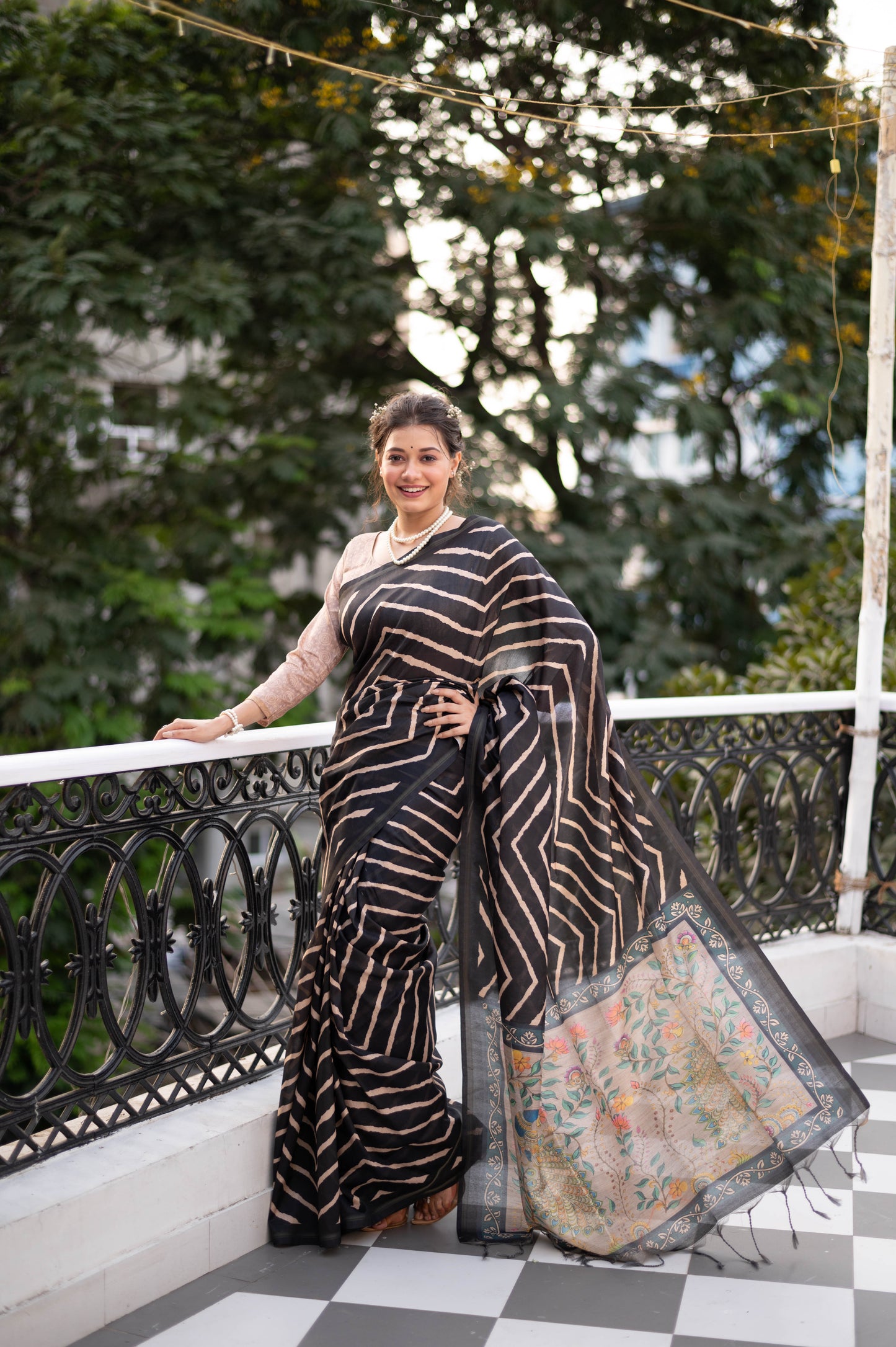 MONIKA Yadav in our Tussar silk Saree with Lehriya Print with Kalamkari pallu and Tassels