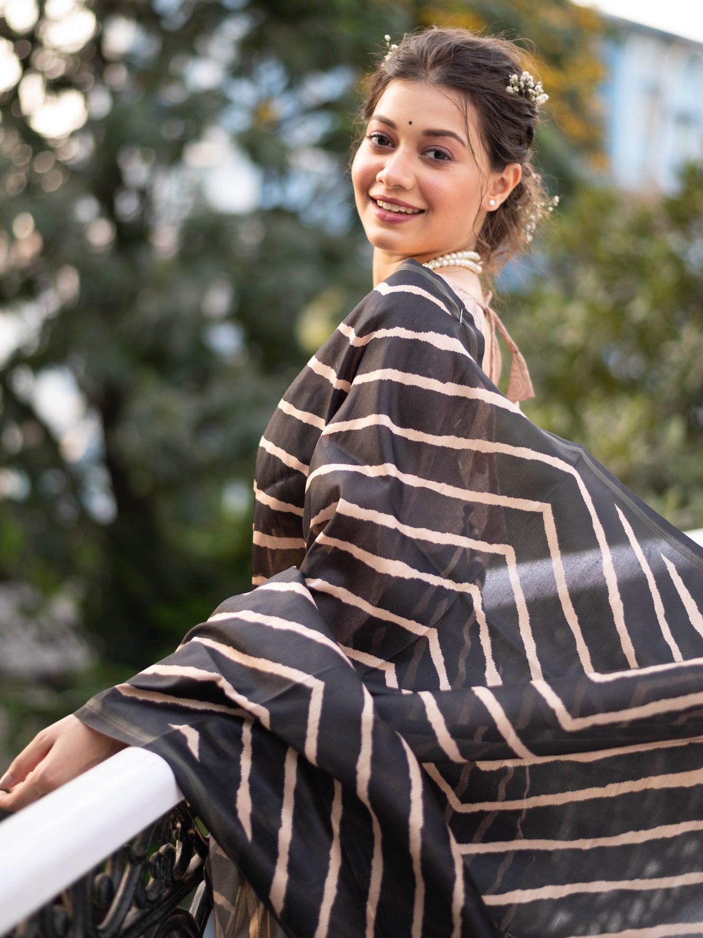 MONIKA Yadav in our Tussar silk Saree with Lehriya Print with Kalamkari pallu and Tassels