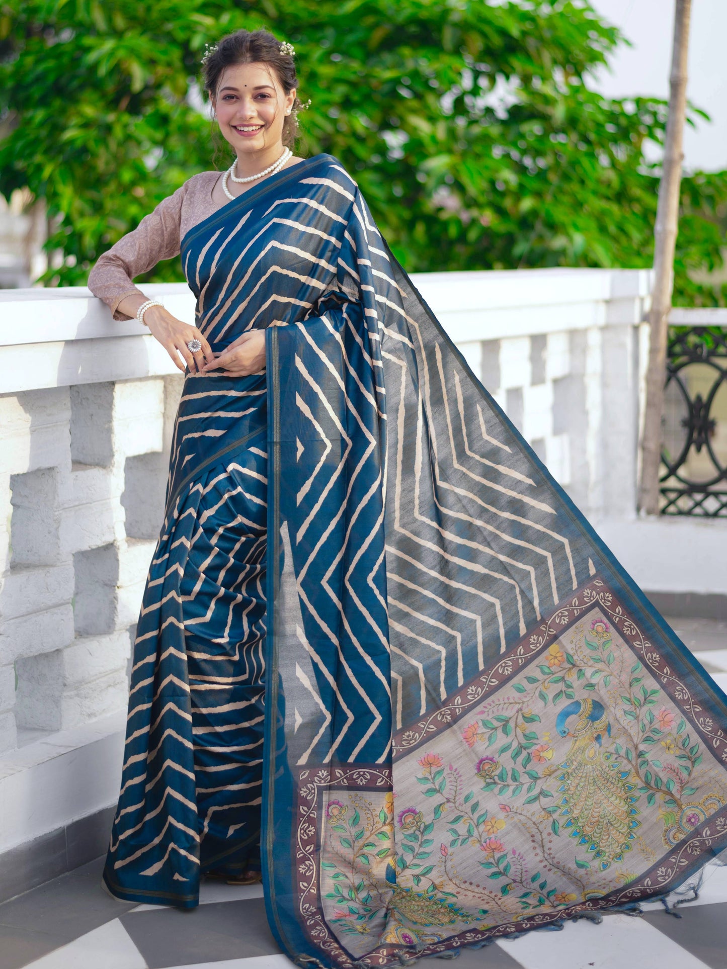 MONIKA Yadav in our Tussar silk Saree with Lehriya Print with Kalamkari pallu and Tassels