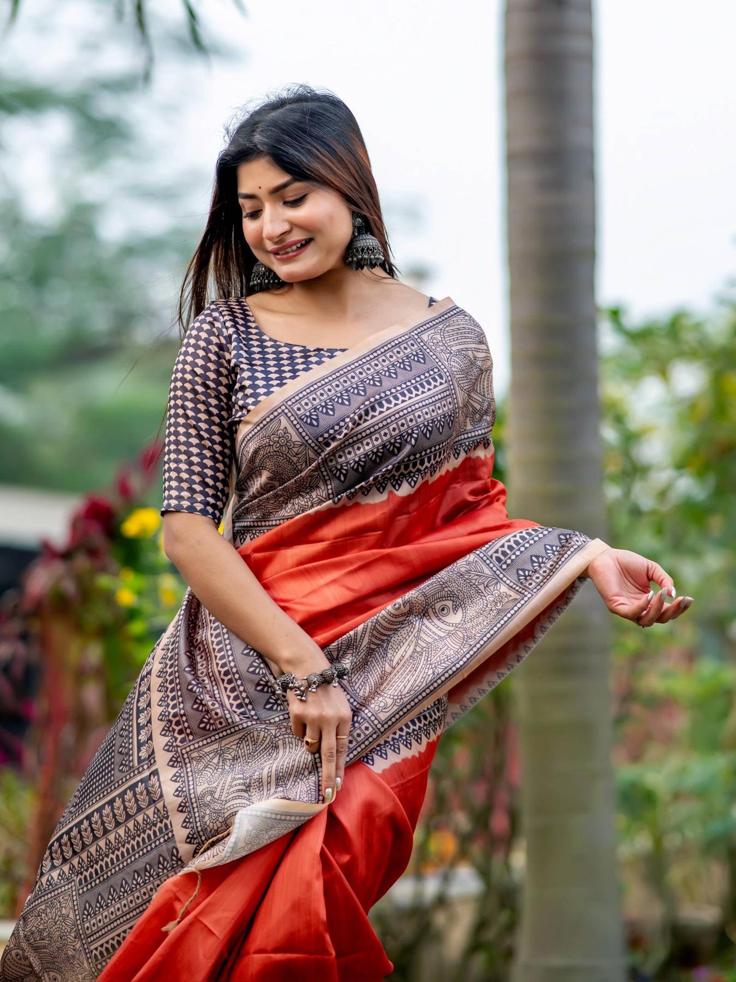 Soft Tussar Silk Saree with Madhubani Prints on Pallu and Border