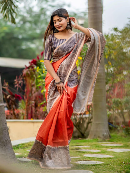 Soft Tussar Silk Saree with Madhubani Prints on Pallu and Border