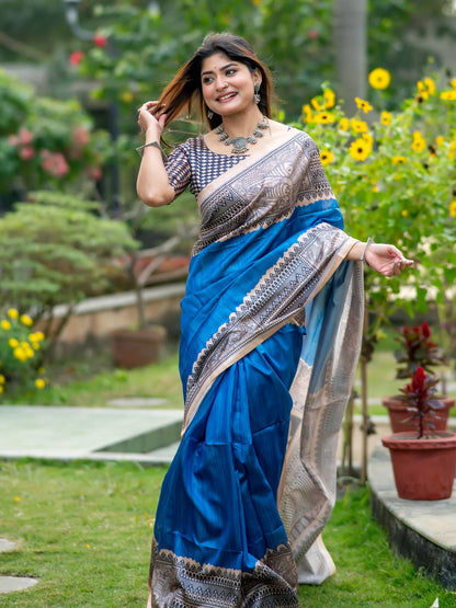 Soft Tussar Silk Saree with Madhubani Prints on Pallu and Border